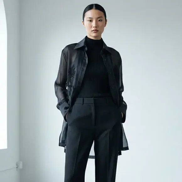 90s vintage black silk minimalist sheer organza emboidered tunic shirt blouse - Picture 9 of 10